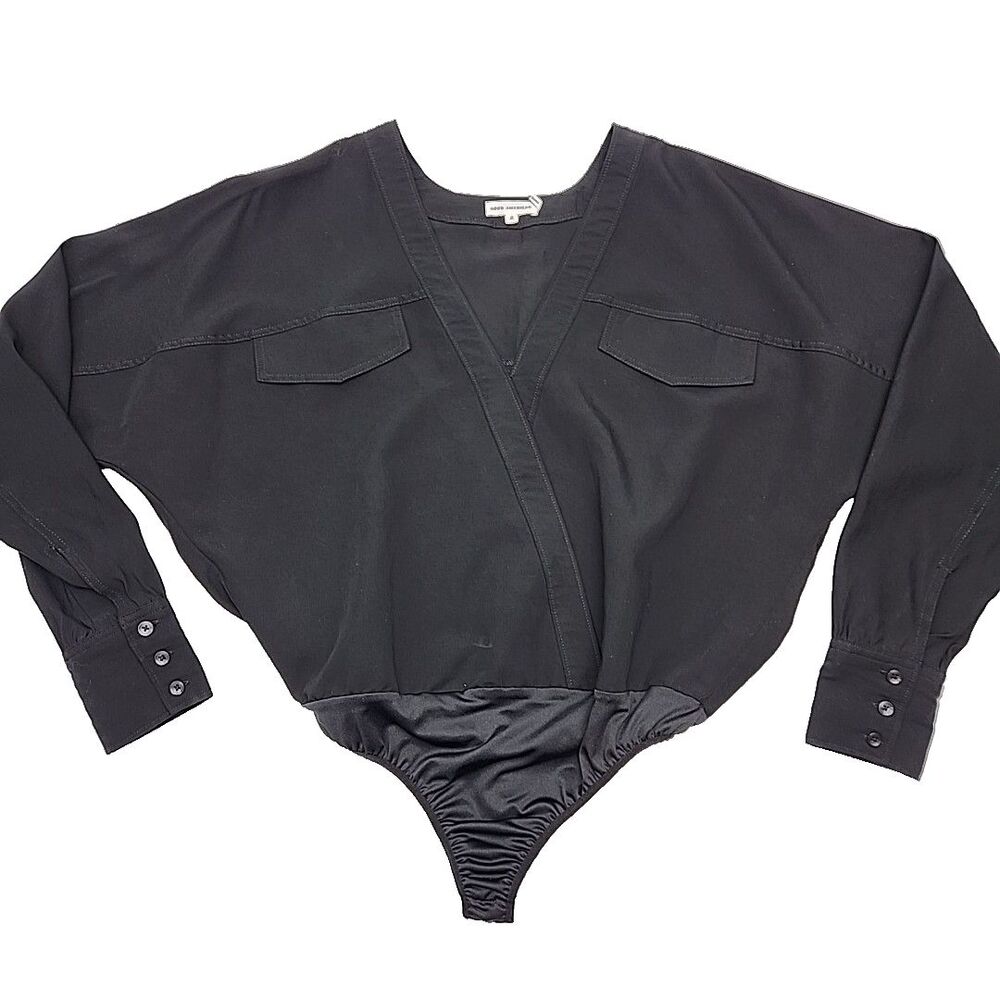Good American Blouse Bodysuit Cross Front Black Long Slv Women Sz 2 Medium Shirt